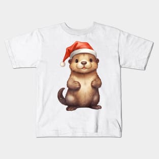 North American River Otter in Santa Hat Kids T-Shirt